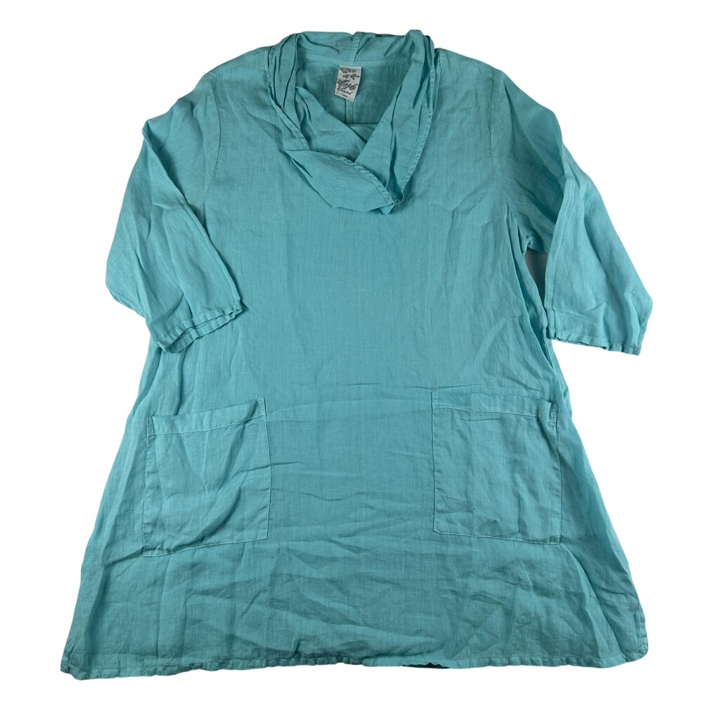 Match Point Dress Womens Medium Blue Linen Cowl Neck 3/4 Sleeve Shift Pockets